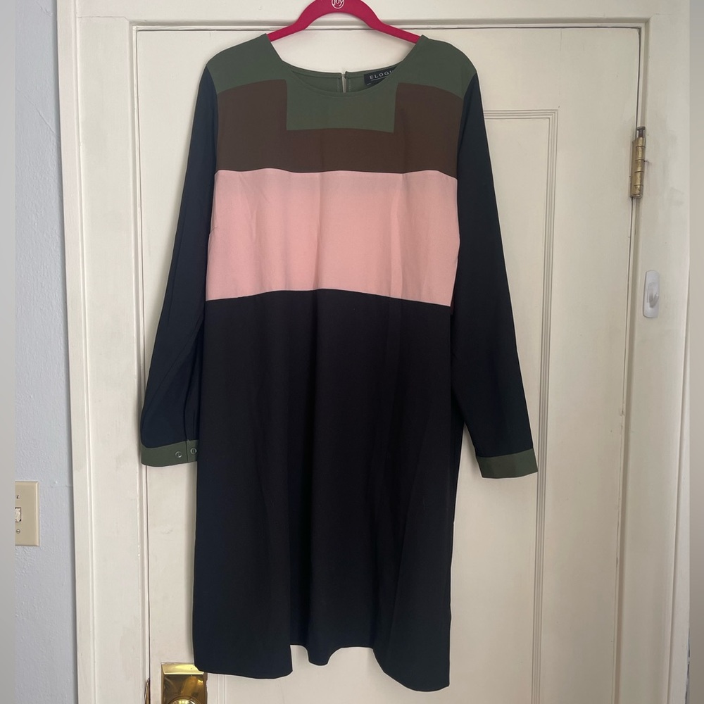 Eloquii pink, green, and black long sleeve shift dress